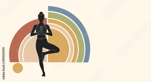 Woman in yoga pose with rainbow design on cream background