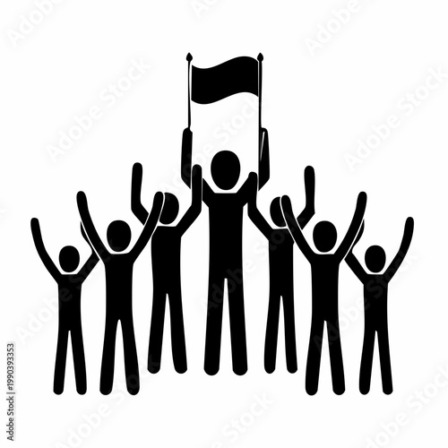 United in Protest: A graphic depiction captures a silhouette of a group of people united in protest, raising their arms in solidarity with a flag symbolizing their cause.
