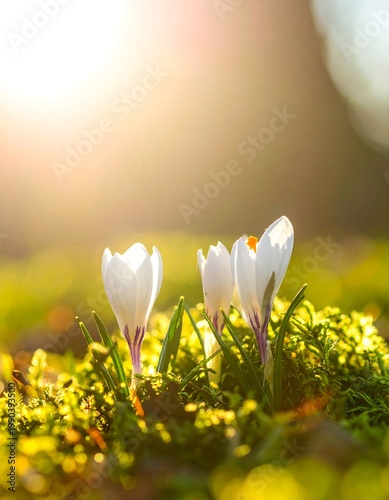 Delicate white crocuses emerge, bathed in soft morning sunlight
