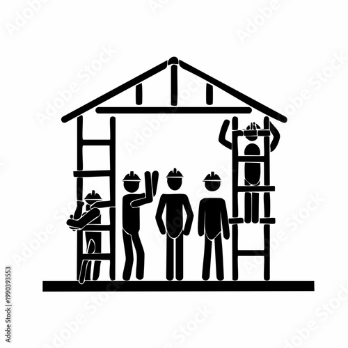 Construction Crew Silhouette: A team of construction workers is diligently constructing a building framework, symbolizing the unity and hard work of building.