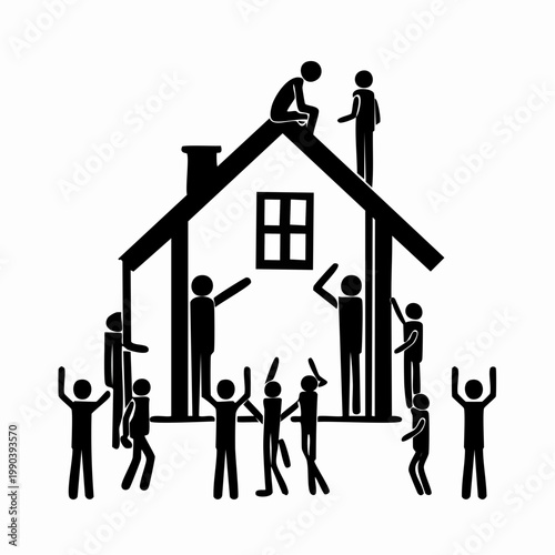 Building Community: Symbolizing unity, this illustration depicts figures constructing a house, representing the building of a home.