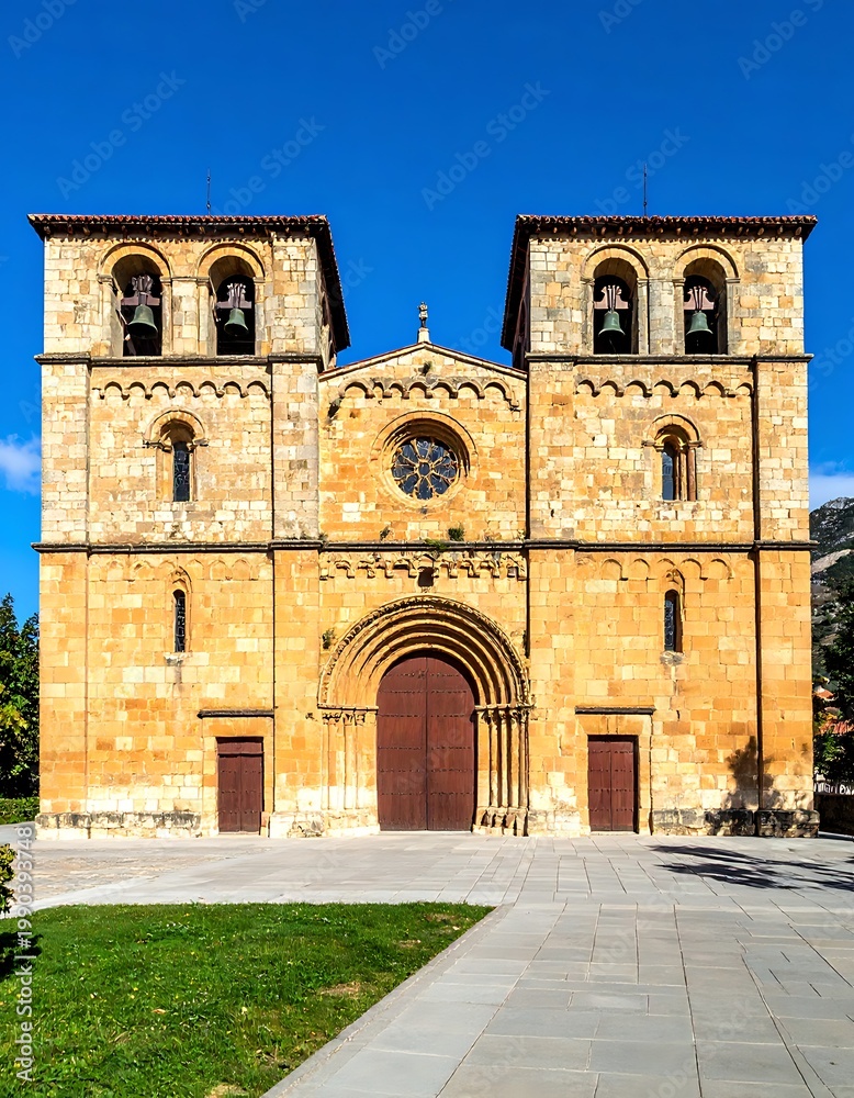 Fototapeta premium A large, historic church with two towers and a brown door