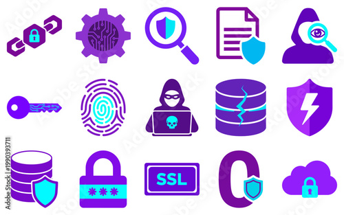 Cybersecurity vector icon set in purple and blue, digital security symbols for web and apps