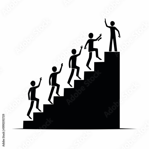 Path to Success: Silhouetted figures ascend a staircase towards a triumphant leader, symbolizing growth, progress, and ambition. This minimalist graphic embodies the essence of achievement, teamwork.
