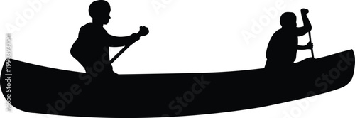 Silhouette of Two People Paddling a Canoe, a Concept of Teamwork Adventure and Outdoor Activities
