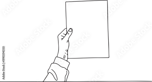 Hand holding blank sign, empty card, gesture icon, line art illustration, vector graphic