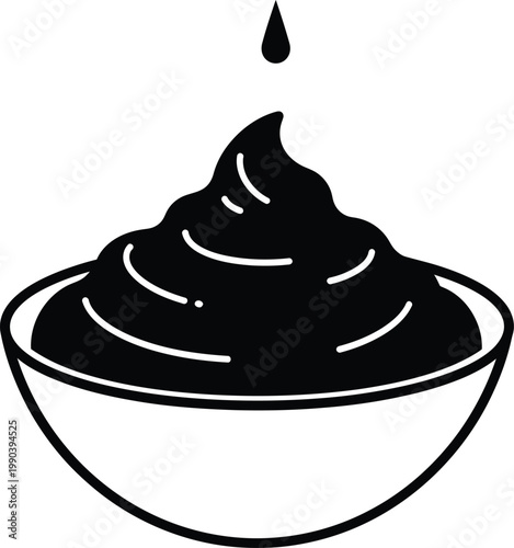 Black substance in a bowl with a drop above white background simple minimalistic