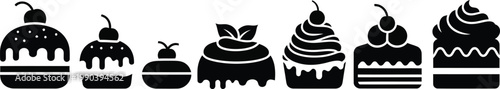Black silhouettes of various decorated cupcakes and desserts white background