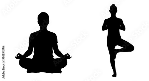 Silhouettes of a person meditating and practicing yoga balance pose side by side. Vector, illustration