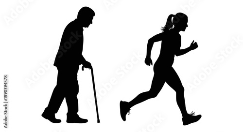 Contrast between mobility challenges and active lifestyle through silhouettes Vector, illustration
