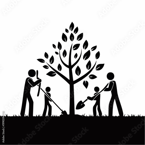 Planting Future: Silhouette of a family working together to plant a tree, symbolizing growth, care, and the promise of tomorrow.