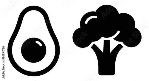 Black and white icons of an avocado and a broccoli plant Vector, illustration