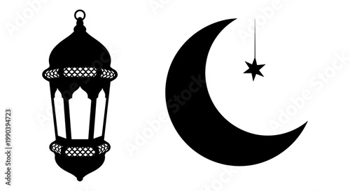 Traditional lantern and crescent moon with star symbolizing cultural heritage and illumination Vector, illustration