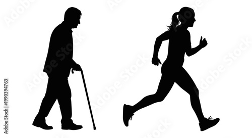 Contrast between elderly mobility aid use and active running lifestyle Vector, illustration