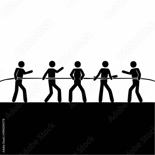 Tug of War Silhouette: Illustrative depiction of a tug of war game between two sides, illustrating conflict resolution, teamwork, competition, and strength.