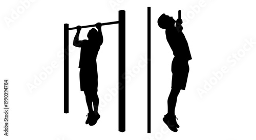 Two silhouettes demonstrating different pull-up techniques on parallel bars. Vector, illustration