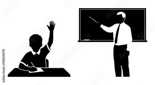 Student raising hand in a classroom setting with a teacher pointing at the chalkboard Vector, illustration