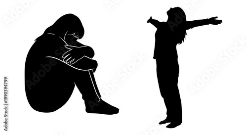 Contrast of youthful energy and adult melancholy in simple silhouettes Vector, illustration