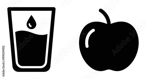 Simple black and white illustration of a glass of water and an apple Vector, illustration