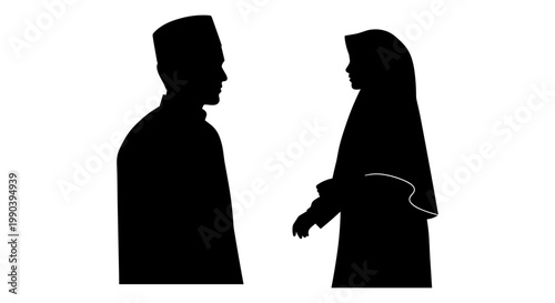 Silhouette of two individuals engaged in a conversation during a formal event Vector, illustration