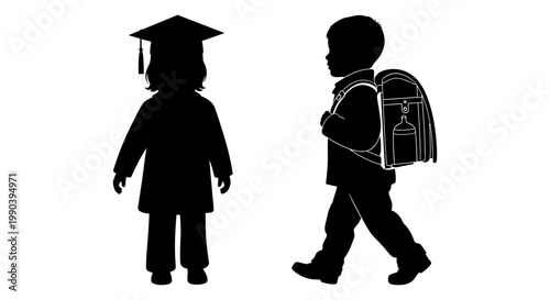 Graduation and first day of school contrasted in simple silhouettes Vector, illustration