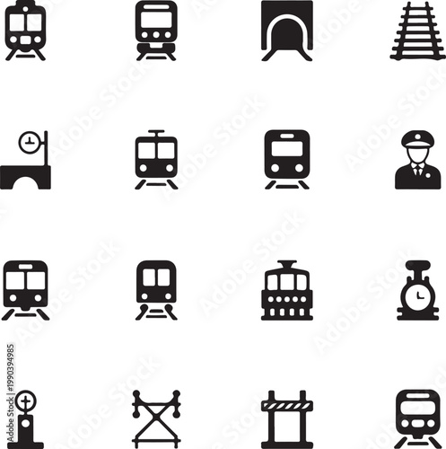 Train and railways, monochrome icons set. intercity, international, freight trains, simple symbols collection