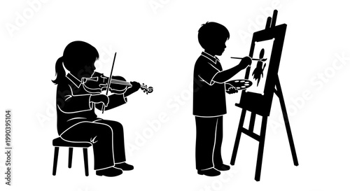 Two children engaged in different creative activities using traditional art forms Vector, illustration