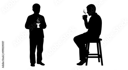 Two silhouetted individuals engaged in a conversation with drinks in hand Vector, illustration