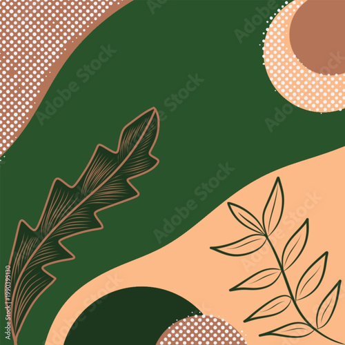 Modern Abstract Botanical Background with Organic Shapes and Minimal Leaf Line Art