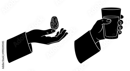 A hand giving a coin while another hand receives a jar of money. Vector, illustration