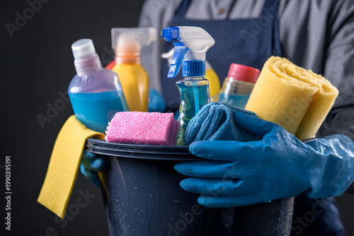 A person in a blue apron and gloves holds a bucket filled with various cleaning supplies