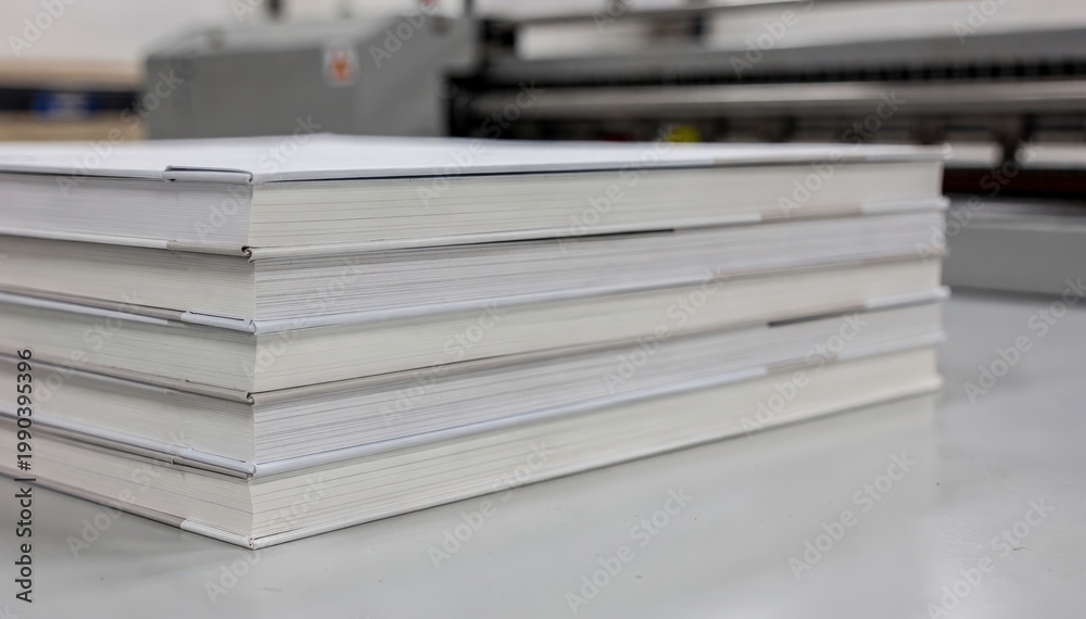 Fototapeta premium Medium shot capturing textbook paperbacks collated and stacked neatly sharp focus on edge alignment while automated equipment in the background remains softly out of focus.