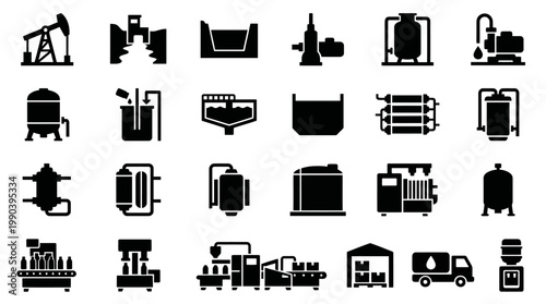 Solid icons of industrial machinery and pumpjacks with water filtration systems, perfect for B2B resources.