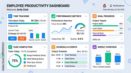 A modern employee productivity dashboard displaying various performance metrics and goals on a clean and organized interface AI, EPS, PNG, JPG, transparent background
