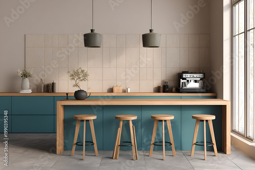 A modern kitchen with a teal island, wooden stools, and neutral-toned backsplash. The room is light-filled