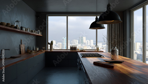 A modern kitchen with a wooden countertop island, sleek cabinets, and a city view through large windows. Pendant lights hang above