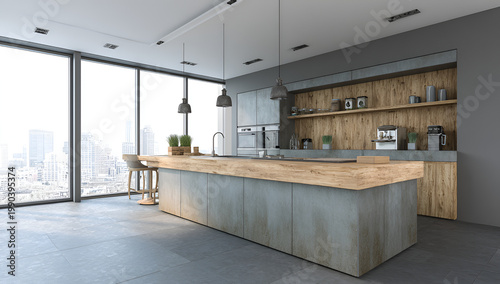 A modern kitchen features a large island with a wooden countertop and gray cabinetry, alongside a wall of floor-to-ceiling windows