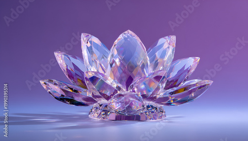 A faceted crystal lotus flower sculpture, casting shadows on a gradient background, representing beauty and light