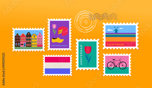 Travel to Netherlands postage stamps with Holland landmarks and food. Dutch architecture, flag, windmills, tulips and cheese vector illustration