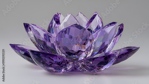 A faceted, vibrant purple crystal sculpture of a lotus flower, its petals elegantly arranged on a plain background