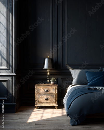 A dark, elegant bedroom scene with a wooden paneled wall, a bed, a bedside table, and light streaming in from a window