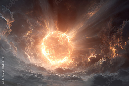 A celestial body glows brightly, radiating energy through swirling atmospheric clouds. A cosmic view, depicting dramatic color shifts and stellar dynamism