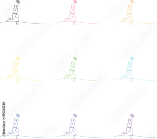 Baseball fielder jumping to catch high ball in continuous line art with nine color styles.