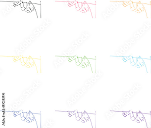 Pole vault athlete clearing horizontal bar during competition in continuous line art style.