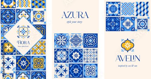 Traditional Azulejo Portuguese tile patterns collection. Ornamental Mediterranean ceramic set. Moroccan decorative elements and vector illustrations.