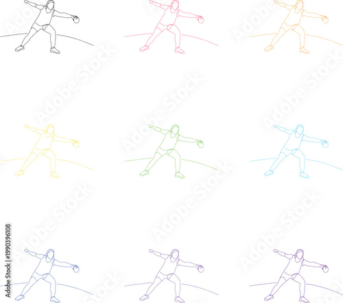 Discus thrower continuous line art set featuring female athlete throwing disc on grid diy.