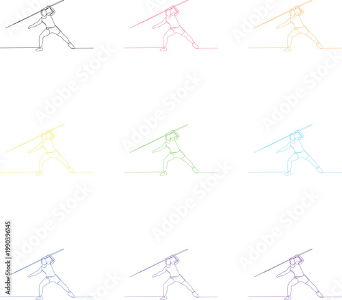 Javelin thrower continuous line drawing set with athletic men in motion on transparency bg.