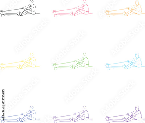 Rowing machine athlete continuous line drawing set with man training on transparency back.