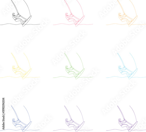 Windsurfing athlete sailing on waves continuous line drawing for extreme water sports art.