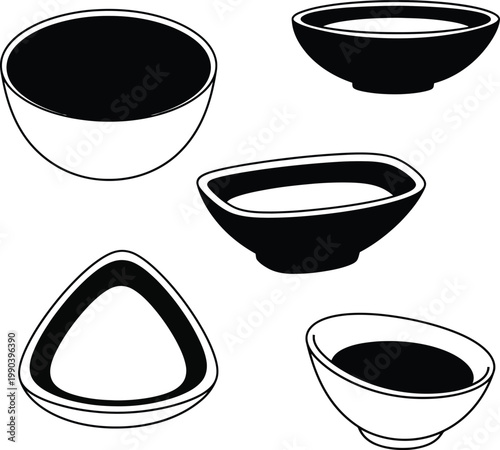 Five black and white bowls in various shapes and sizes kitchenware tableware dishware